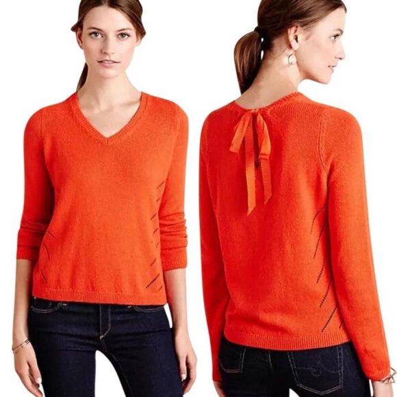 Anthropologie Moth Cashmere V-Neck Ribbon Tie Back Pullover Sweater Size XS Knit - Picture 2 of 15
